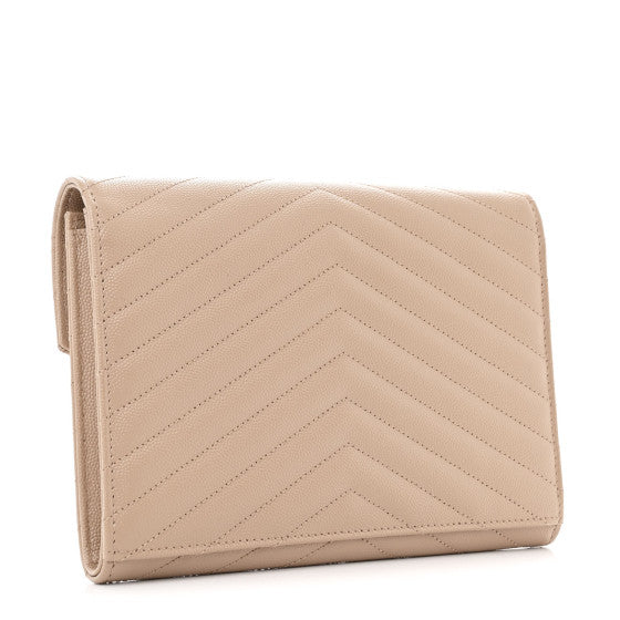 SAINT LAURENT
Grain De Poudre Matelasse Chevron Monogram Envelope Clutch Dark Beige