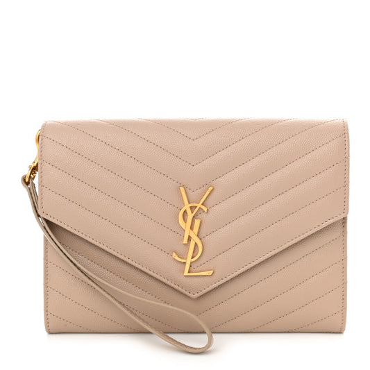 SAINT LAURENT 
Grain De Poudre Matelasse Chevron Monogram Envelope Clutch Dark Beige