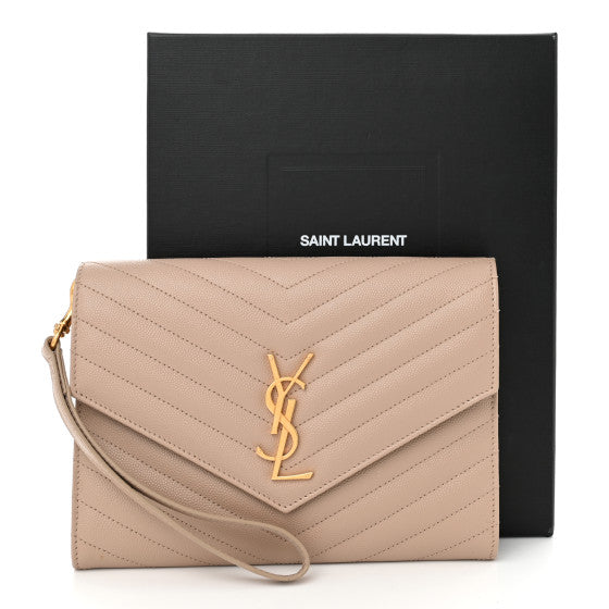SAINT LAURENT 
Grain De Poudre Matelasse Chevron Monogram Envelope Clutch Dark Beige