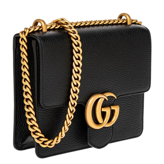 GUCCI Calfskin Small GG Marmont Chain Shoulder Bag Black