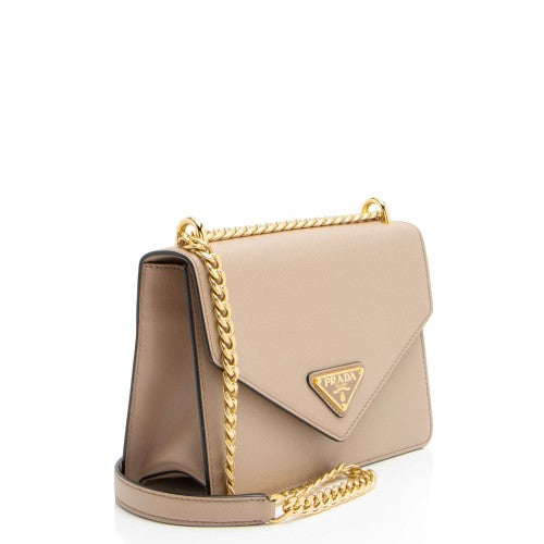 PRADA Saffiano Soft Calfskin Leather Chain Shoulder Bag Beige